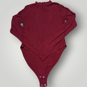 FOEREVER 21 Women's M Burgundy STRETCH Mock Neck Bodysuit Long Sleeve Top